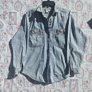 Vintage‎ Here's A Hug Denim Shirt Paisley Pockets Button Up Jean Jacket Top Sz M